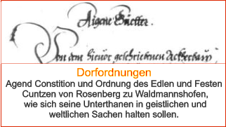 Dorfordnungen Agend Constition und Ordnung des Edlen und Festen  Cuntzen von Rosenberg zu Waldmannshofen,  wie sich seine Unterthanen in geistlichen und  weltlichen Sachen halten sollen.